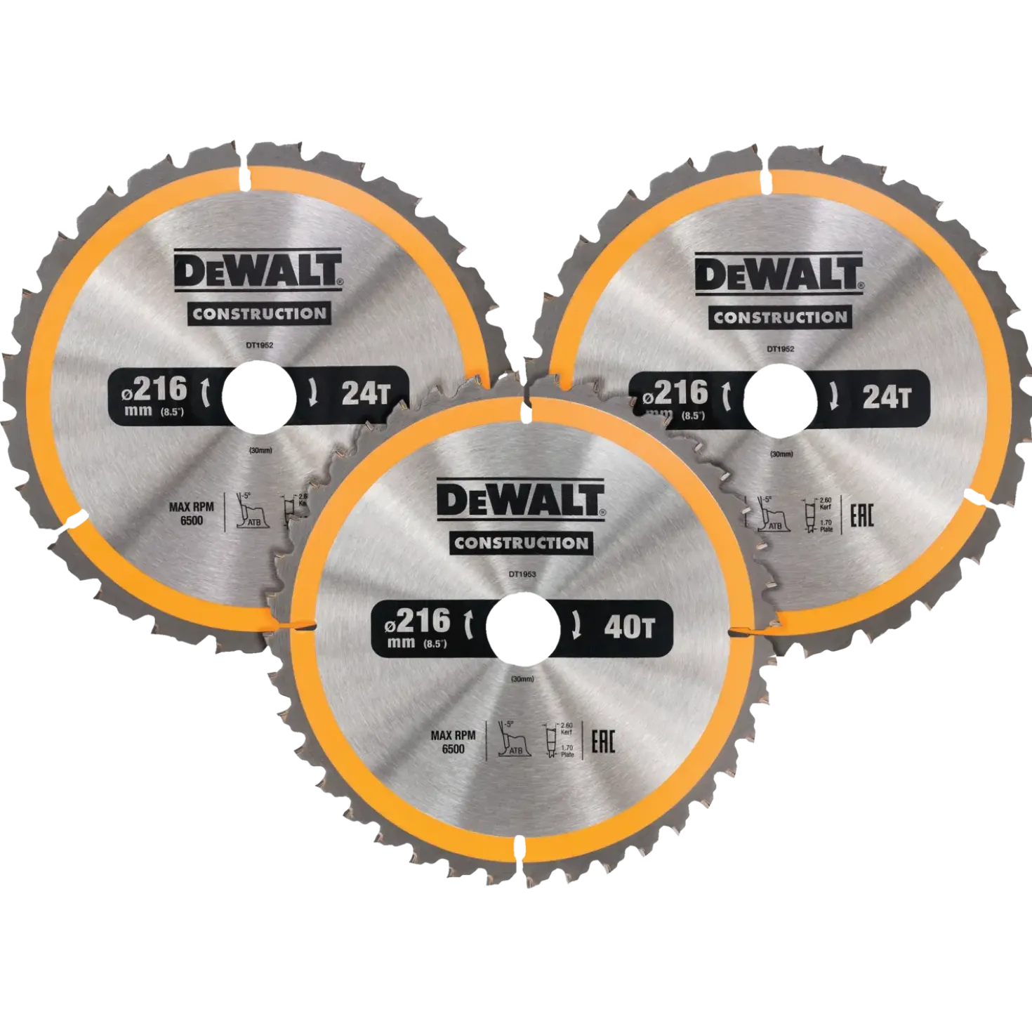 DeWalt DT1962-QZ rundsavsklingesæt 216 mm - 3-pak med 2 x 24T og 1 x 40T
