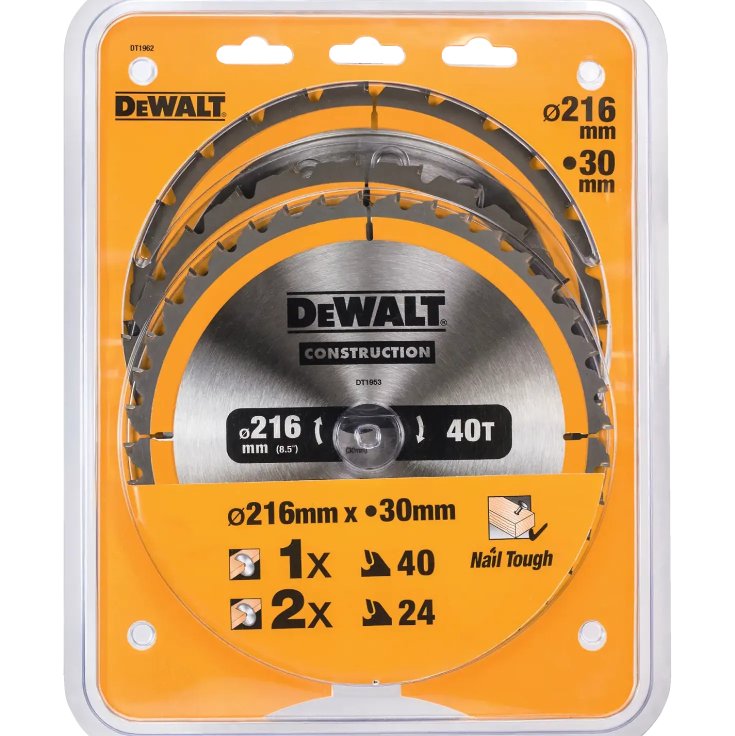 DeWalt DT1962-QZ rundsavsklingesæt 216 mm - 3-pak med 2 x 24T og 1 x 40T