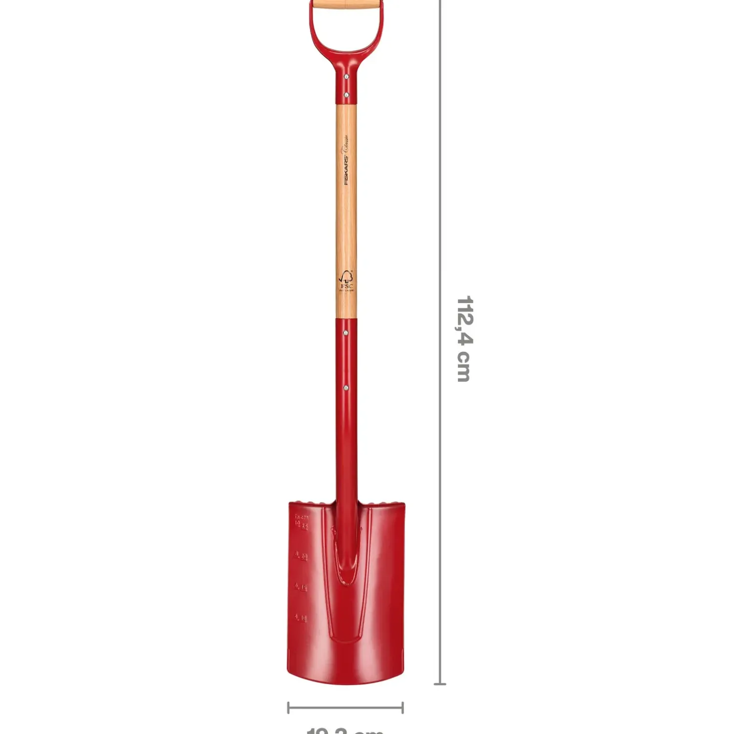 Fiskars spade med afrundet blad, lang skaft