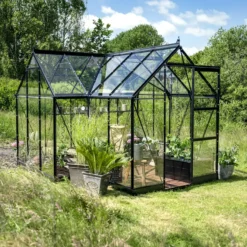 Halls ICON Gardenhouse 6 8,6 m² sort m/3 mm hærdet glas og fundament