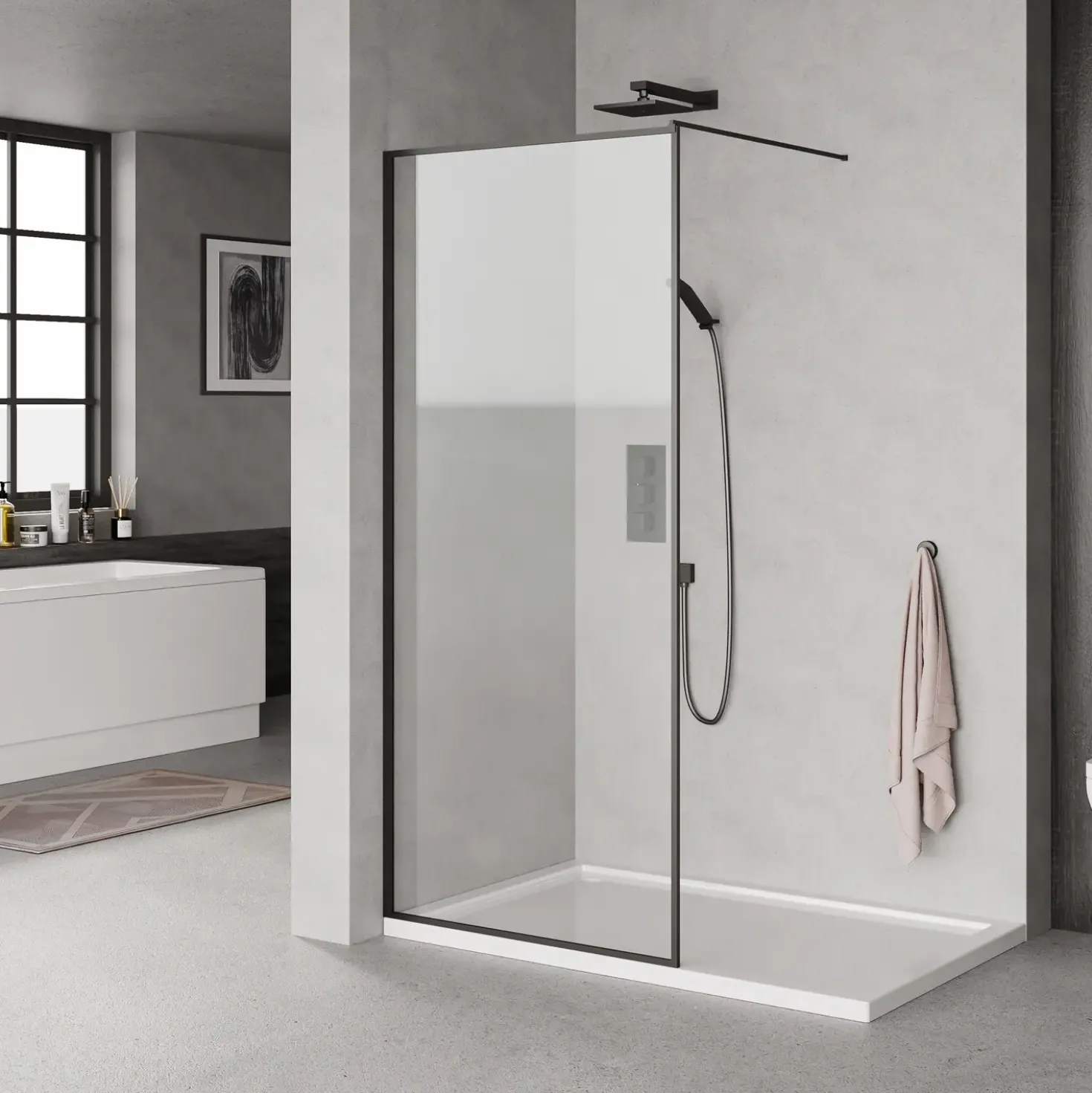 Milobad brusevæg 70x200 cm med sort ramme