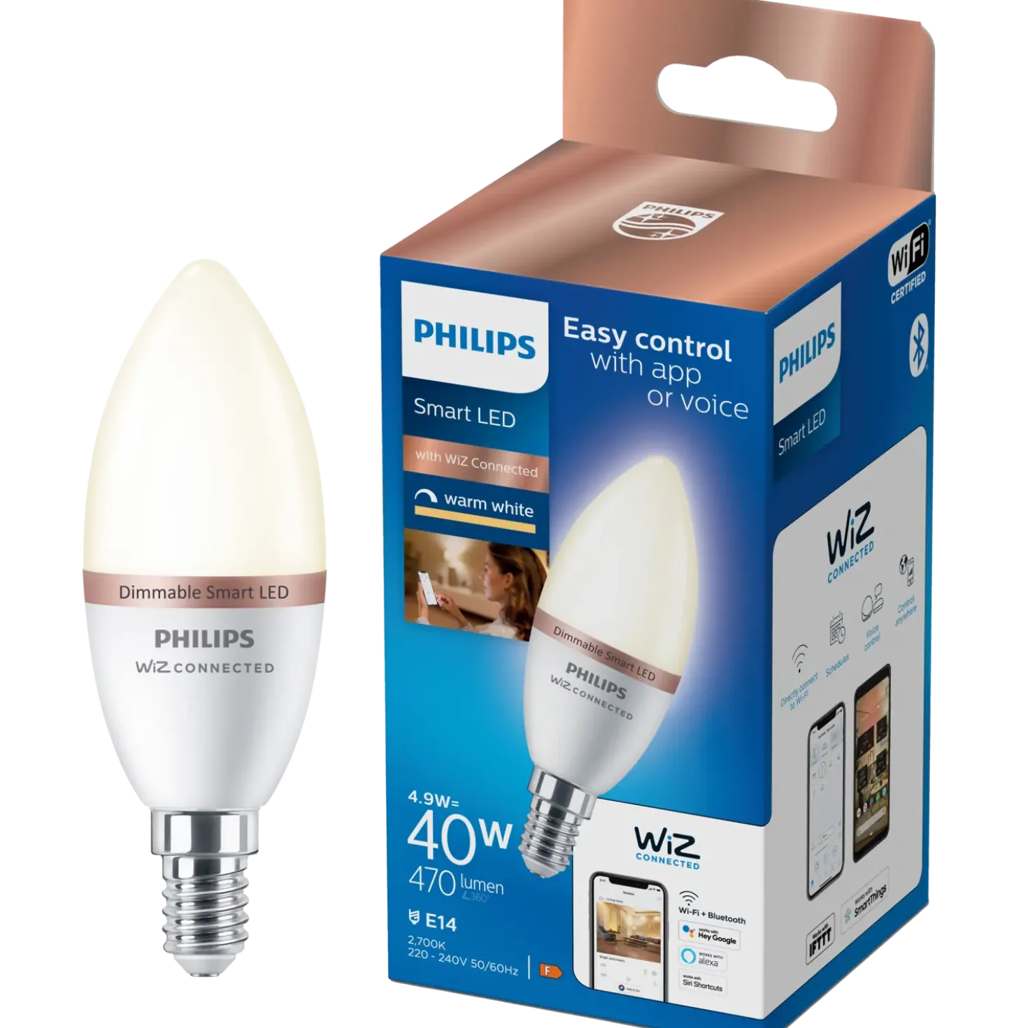 Philips Smart WiZ white LED pære E14 4,6W kerte mat
