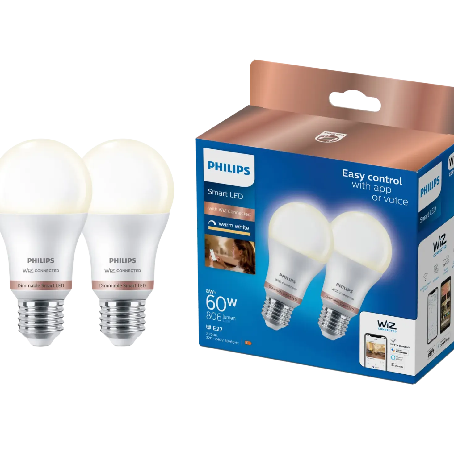 Philips Smart WiZ white LED pærer E27 8,5W standard mat 2 stk