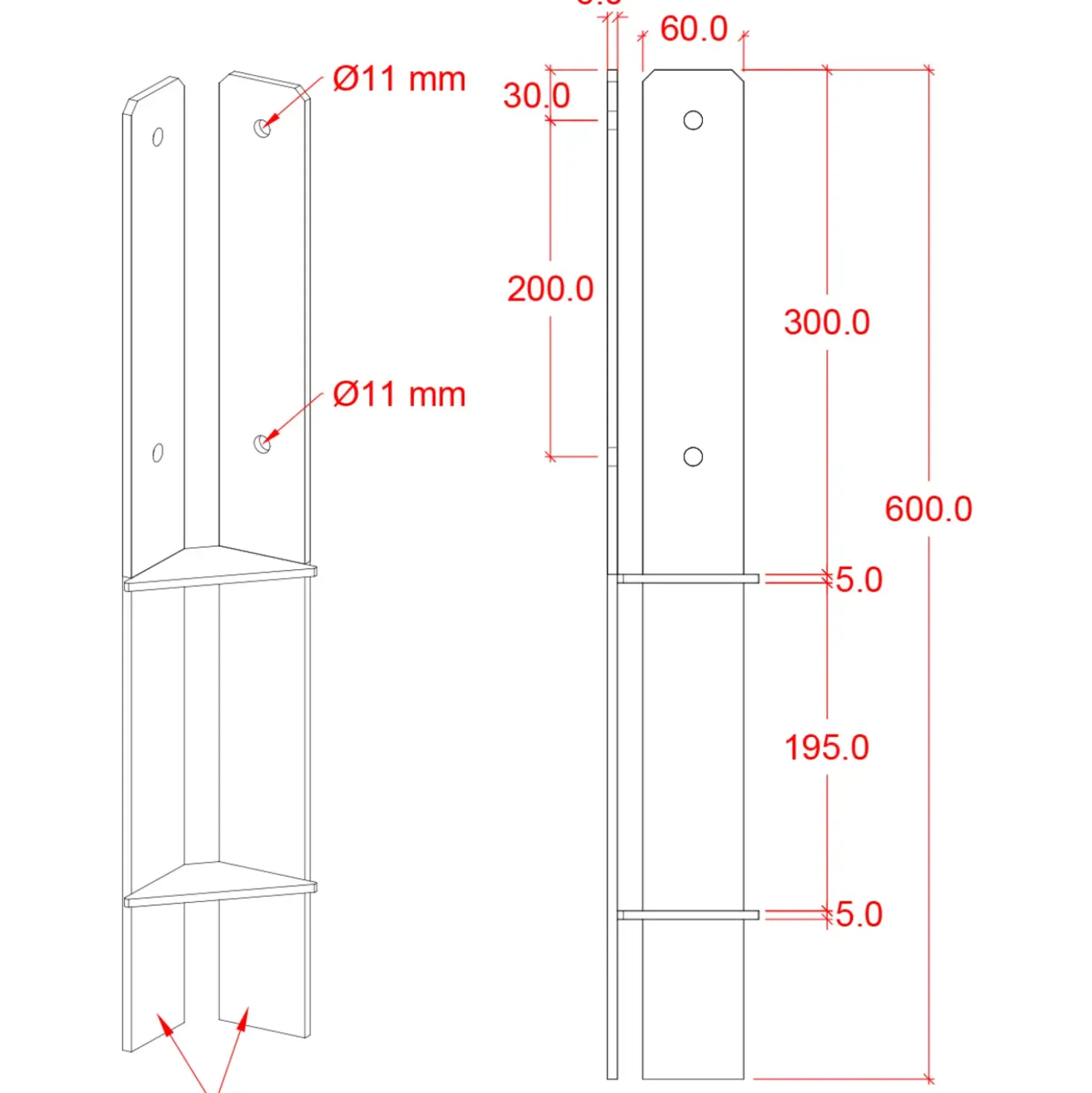 Plus Hjørne Stolpefod 60 cm 9x9 cm stolper til nedstøbning m/skruer