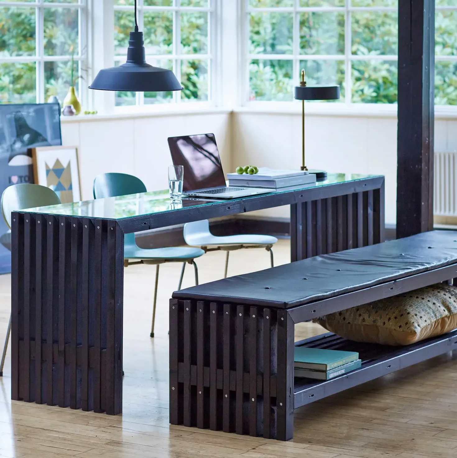 Rustik Trallebænk Design med hylde sort 218x49x45cm
