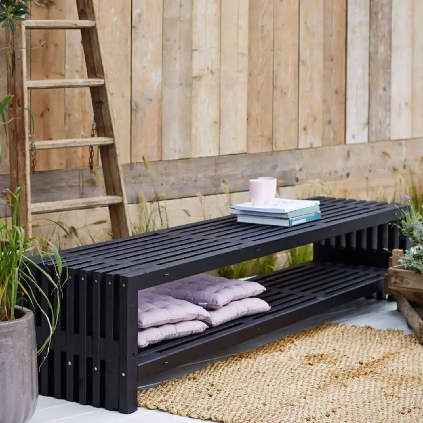 Rustik Trallebænk Design med hylde sort 218x49x45cm