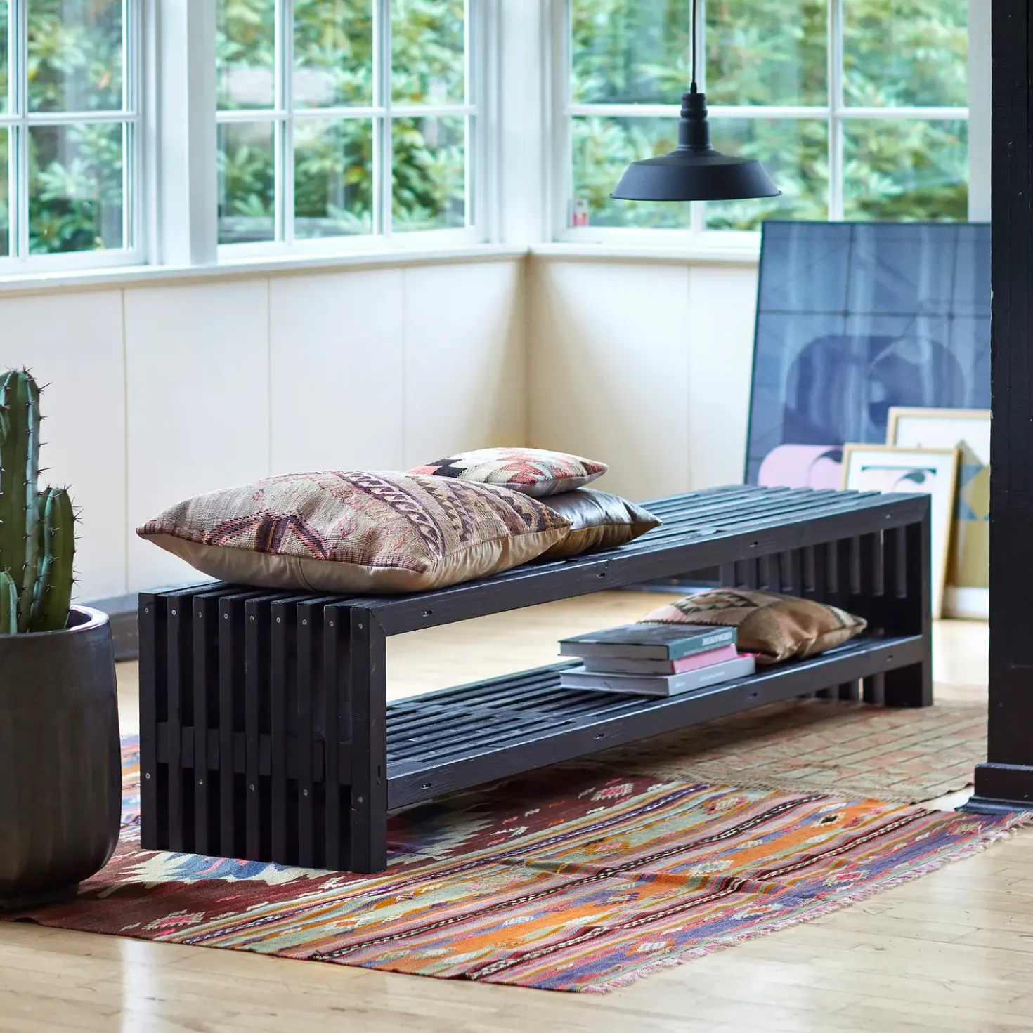Rustik Trallebænk Design med hylde sort 218x49x45cm