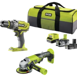 Ryobi håndværkersæt bore-/skruemaskine, vinkelsliber, batterier og taske