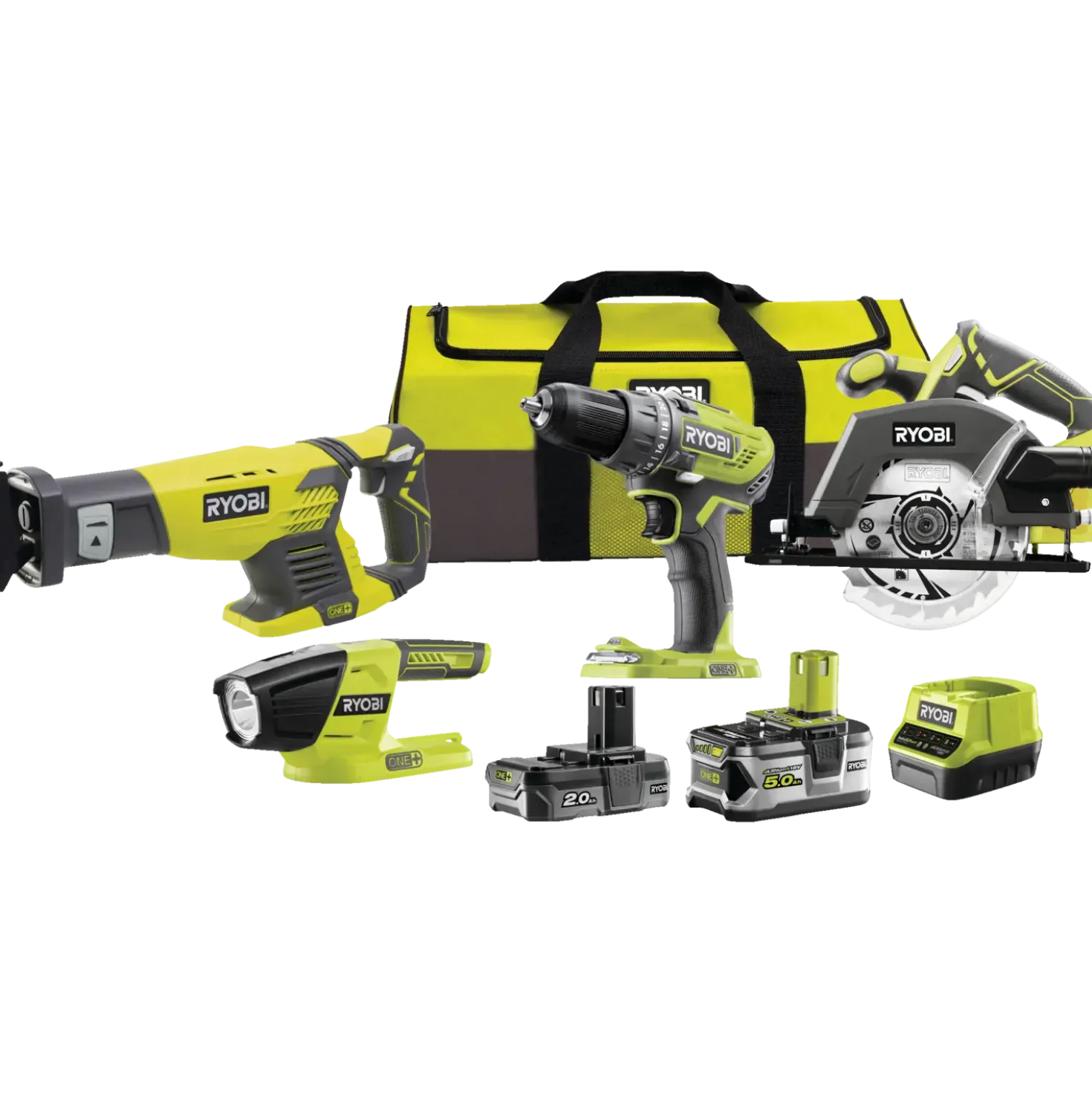 Ryobi R18CK4-252S håndværkersæt 4 dele 1x2,0 + 1x5,0 Ah batterier 18V ONE+
