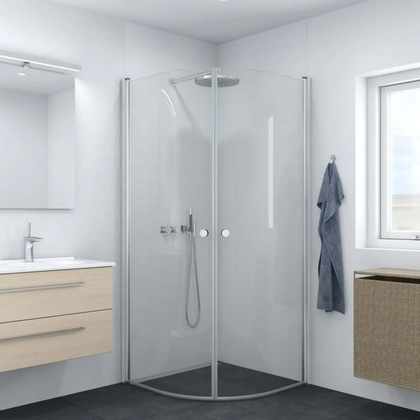 Scanbad brusedør E - halvrund klart glas, model 100
