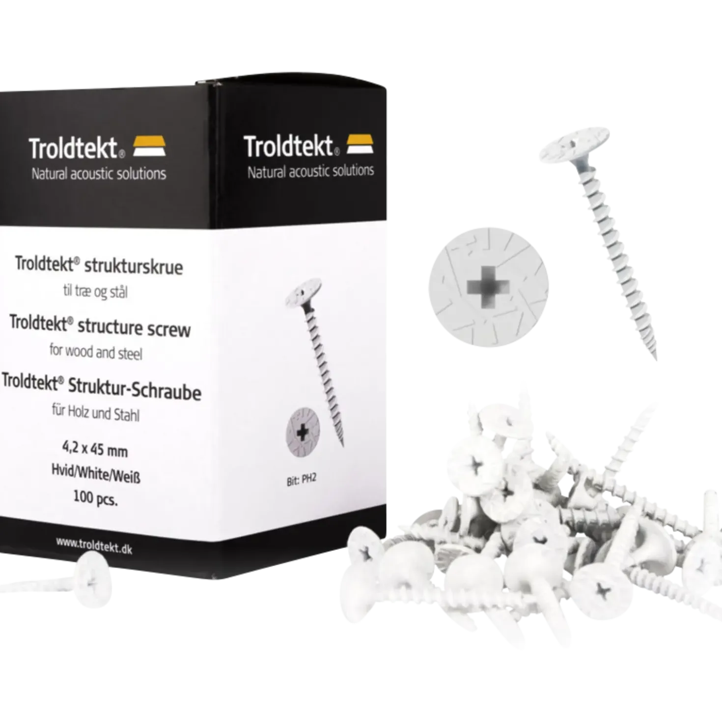 Troldtekt® strukturskrue til træ og stål 4,2x45 mm hvid 100 stk.